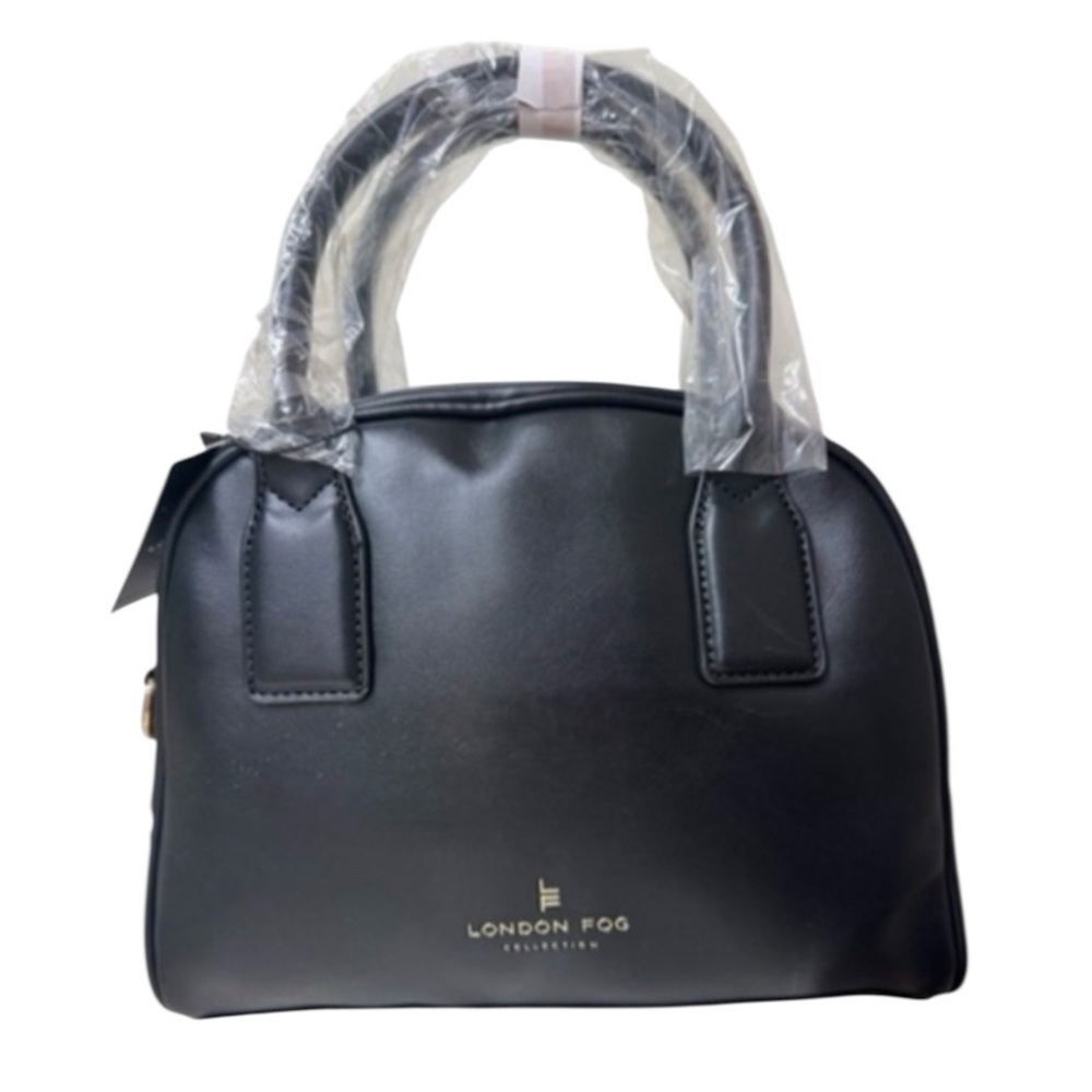 London Fog Black Mini Smooth PU Satchel Crossbody Purse Faux Leather Zip Closure